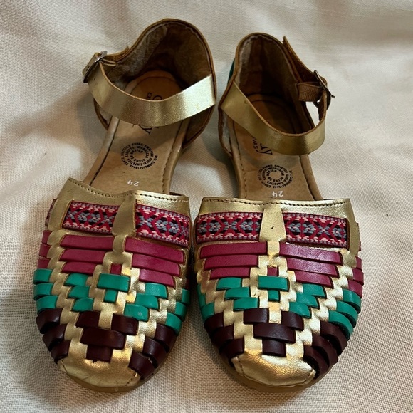 Sandy Exclusiva Gold Pink Teal Woven Leather Aztec Ankle Strap Sandals Huaraches - Picture 3 of 8